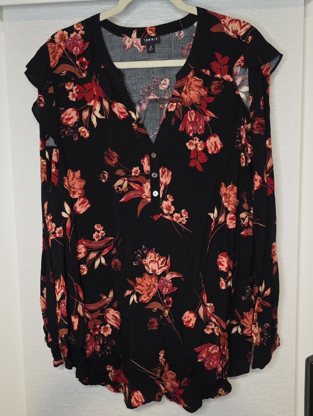 torrid Black Floral Henley Blouse with Red and Peach Blooms
